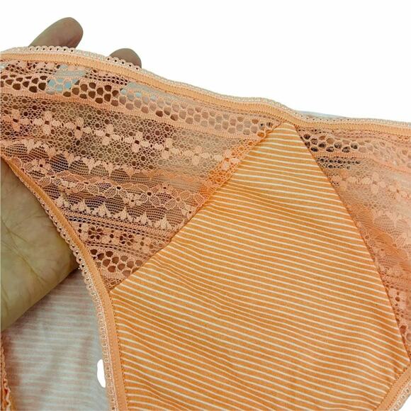 Victoria's Secret Hi Leg Brief Tangerine White Stripe Lace Inlay Panty Large - Picture 2 of 6
